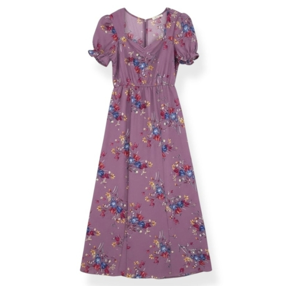 Promesa S Floral Puff Sleeve Maxi Dress Sweetheart Neckline & Front Slit Small - Picture 3 of 5
